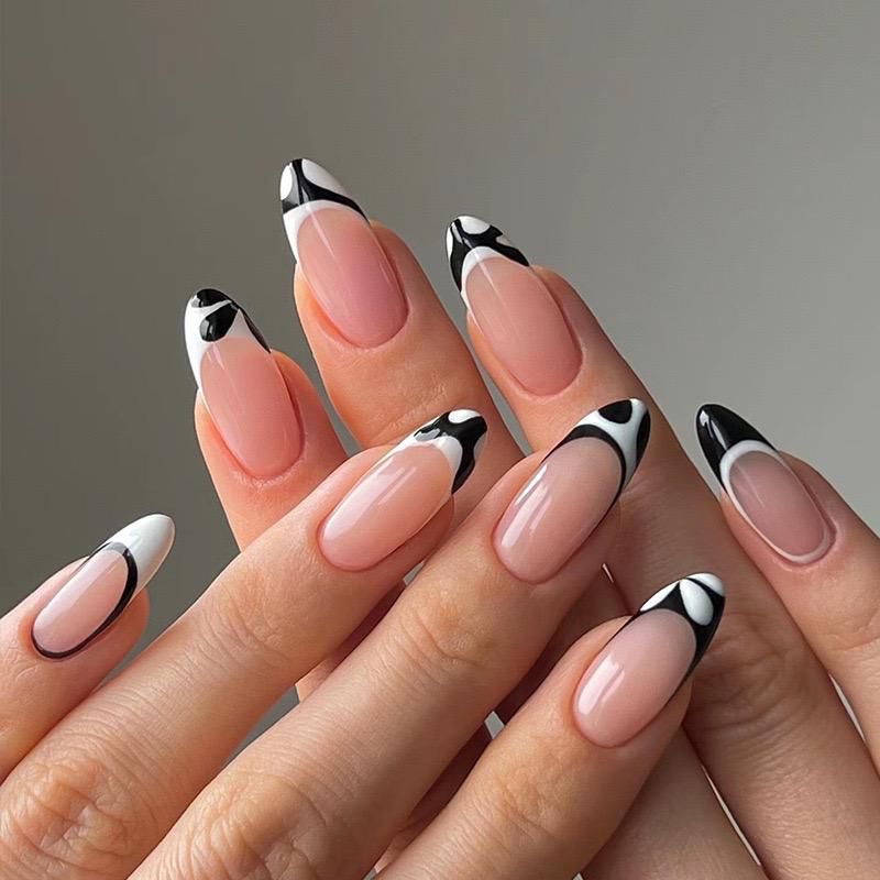 Almond transparent nails with black design
